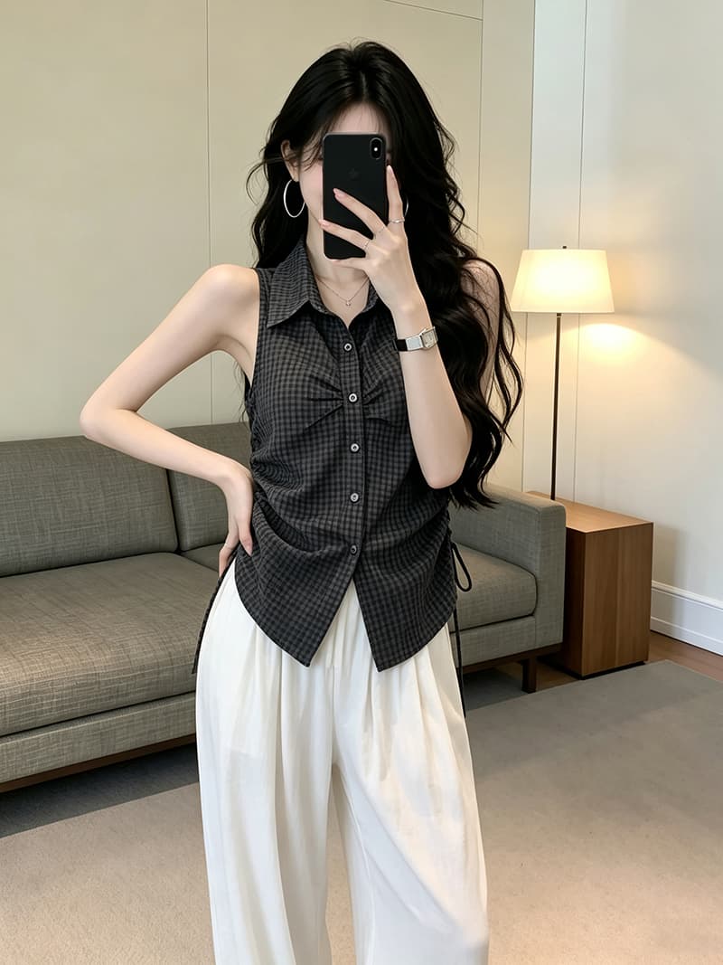 있음 보호 여름 켜기 새로운 측면 펌프 로프 폴로 칼라 민소매 체크무늬 여성 셔츠 슬림해 보이는 한 부서 품격 맨위 작은 셔츠 상세 이미지 6