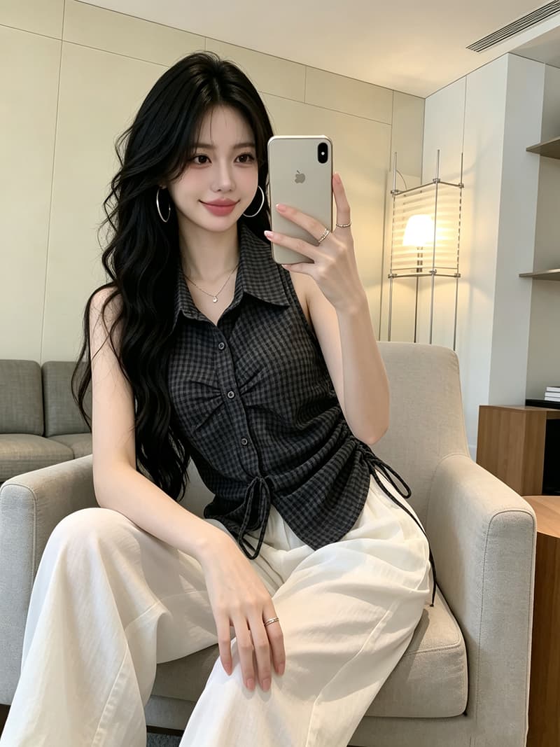 있음 보호 여름 켜기 새로운 측면 펌프 로프 폴로 칼라 민소매 체크무늬 여성 셔츠 슬림해 보이는 한 부서 품격 맨위 작은 셔츠 상세 이미지 7