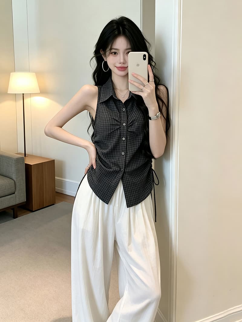있음 보호 여름 켜기 새로운 측면 펌프 로프 폴로 칼라 민소매 체크무늬 여성 셔츠 슬림해 보이는 한 부서 품격 맨위 작은 셔츠 상세 이미지 8