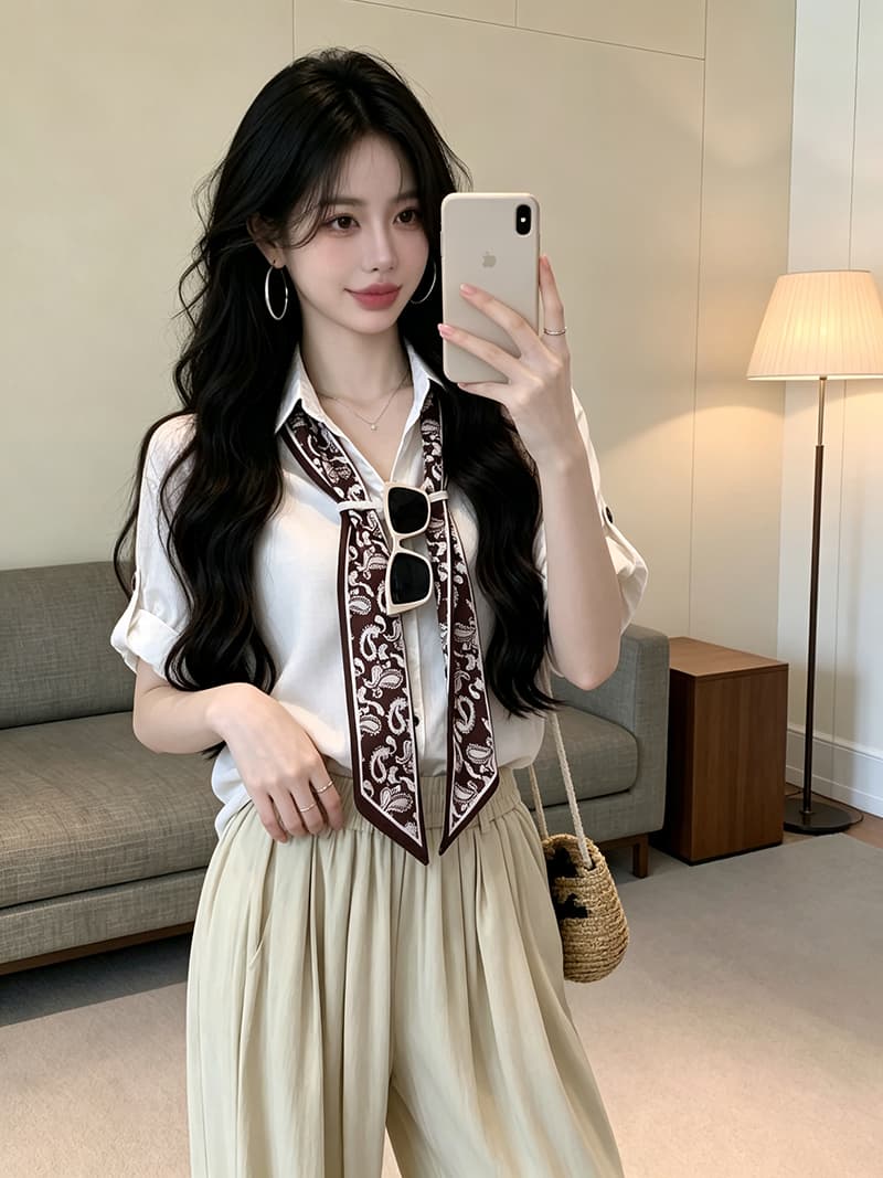 있음 보호 여름 켜기 새로운 오래된 돈 바람 휴식 고급 센스 폴로 칼라 반팔 셔츠 여성 셔츠 꽃무늬 스카프 이미지 3