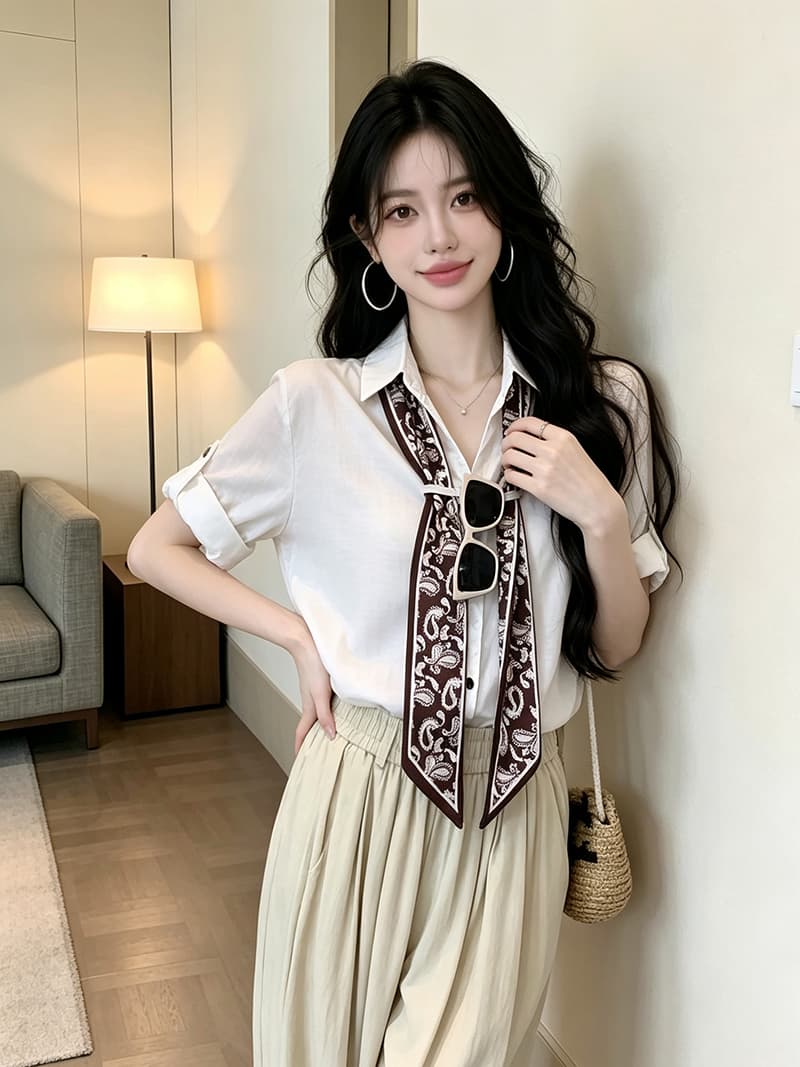 있음 보호 여름 켜기 새로운 오래된 돈 바람 휴식 고급 센스 폴로 칼라 반팔 셔츠 여성 셔츠 꽃무늬 스카프 상세 이미지 2