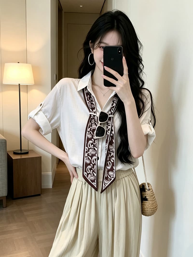 있음 보호 여름 켜기 새로운 오래된 돈 바람 휴식 고급 센스 폴로 칼라 반팔 셔츠 여성 셔츠 꽃무늬 스카프 상세 이미지 4