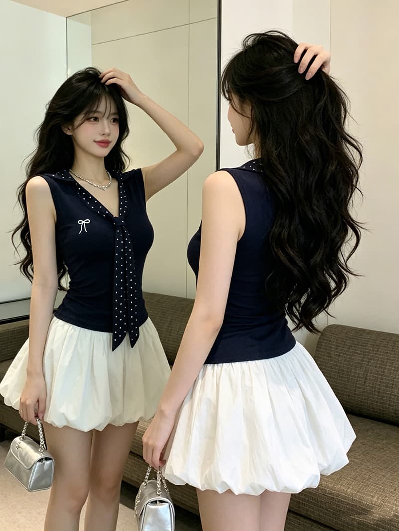 있음 보호 여름 켜기 새로운 학원 스타일 배색 도트 무늬 넥타이 자수 민소매 맨위 여성 몸매 가꾸기 티셔츠 여성 작은 이미지 3
