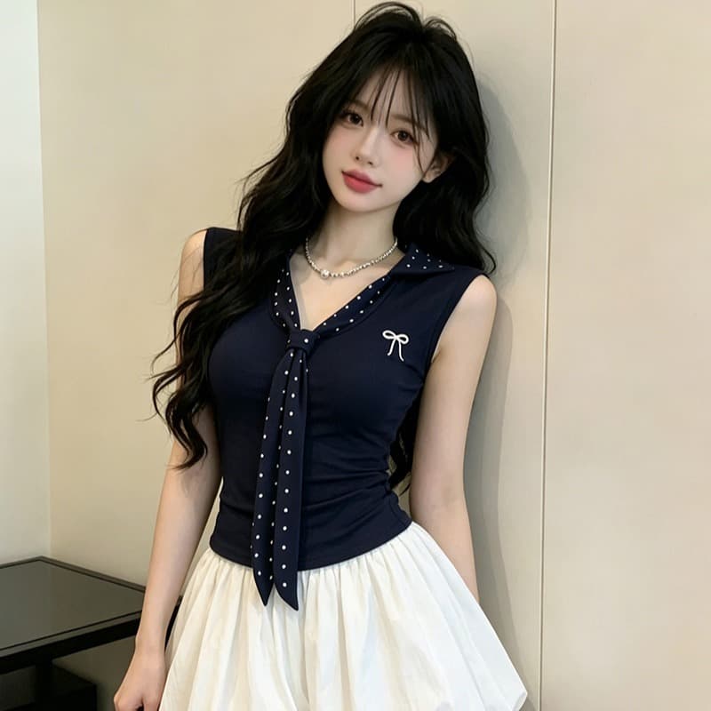 있음 보호 여름 켜기 새로운 학원 스타일 배색 도트 무늬 넥타이 자수 민소매 맨위 여성 몸매 가꾸기 티셔츠 여성 작은 이미지 5
