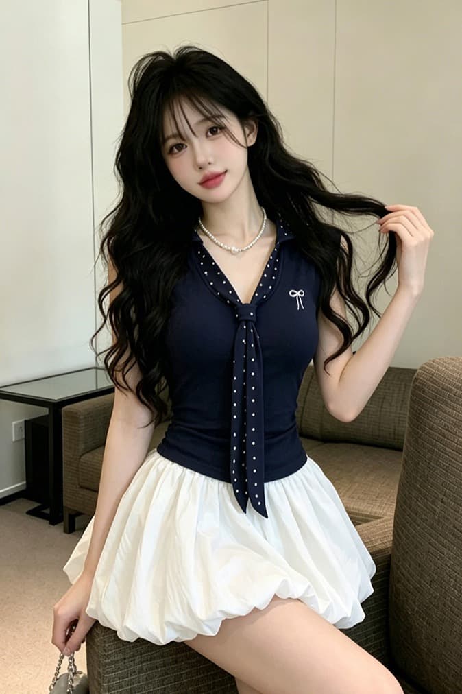 있음 보호 여름 켜기 새로운 학원 스타일 배색 도트 무늬 넥타이 자수 민소매 맨위 여성 몸매 가꾸기 티셔츠 여성 작은 이미지 6