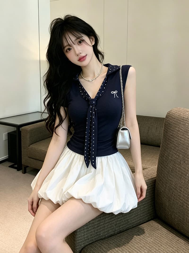 있음 보호 여름 켜기 새로운 학원 스타일 배색 도트 무늬 넥타이 자수 민소매 맨위 여성 몸매 가꾸기 티셔츠 여성 작은 상세 이미지 1