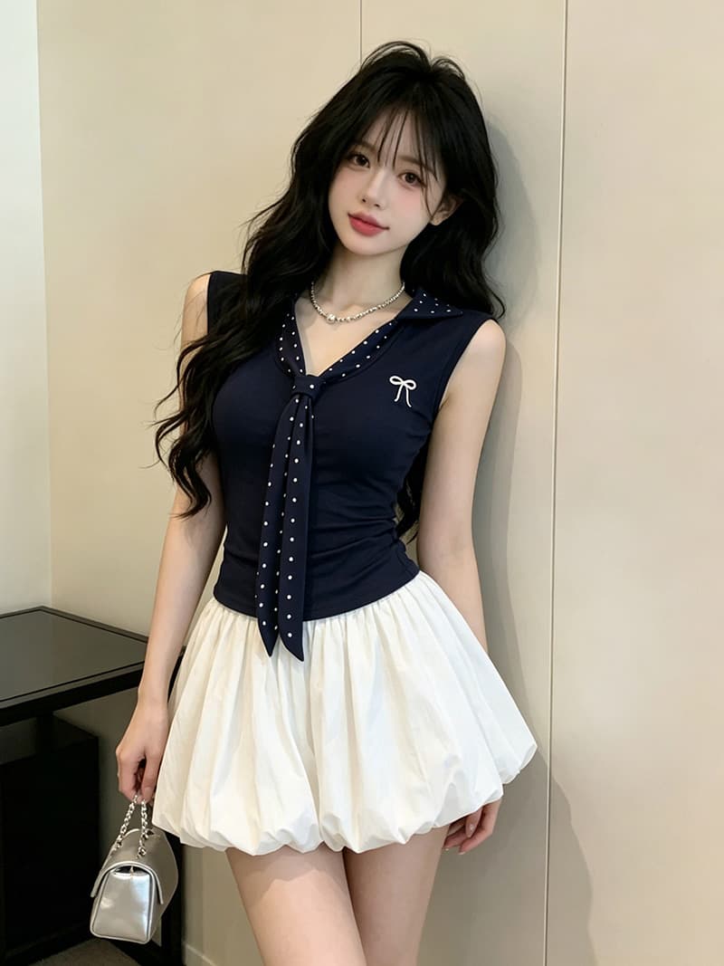 있음 보호 여름 켜기 새로운 학원 스타일 배색 도트 무늬 넥타이 자수 민소매 맨위 여성 몸매 가꾸기 티셔츠 여성 작은 상세 이미지 2