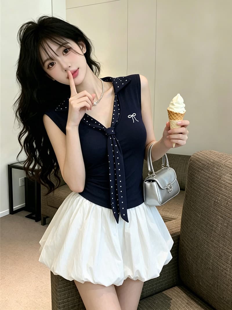 있음 보호 여름 켜기 새로운 학원 스타일 배색 도트 무늬 넥타이 자수 민소매 맨위 여성 몸매 가꾸기 티셔츠 여성 작은 상세 이미지 3