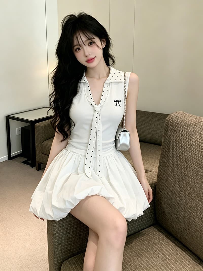 있음 보호 여름 켜기 새로운 학원 스타일 배색 도트 무늬 넥타이 자수 민소매 맨위 여성 몸매 가꾸기 티셔츠 여성 작은 상세 이미지 9
