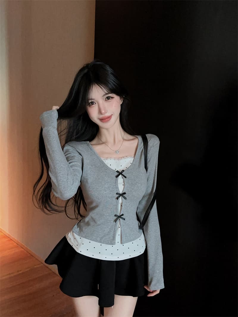 실사 2026 가을 의상 한 부서 디자인 나비 매듭 페이크 레이어드 패치워크 작은 셔츠 여성 긴팔 동정 여성 셔츠