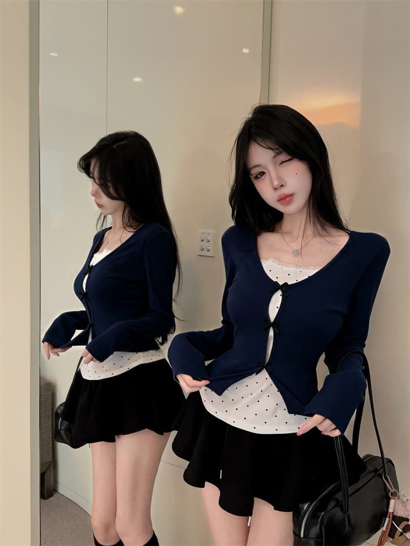 실사 2026 가을 의상 한 부서 디자인 나비 매듭 페이크 레이어드 패치워크 작은 셔츠 여성 긴팔 동정 여성 셔츠 이미지 3
