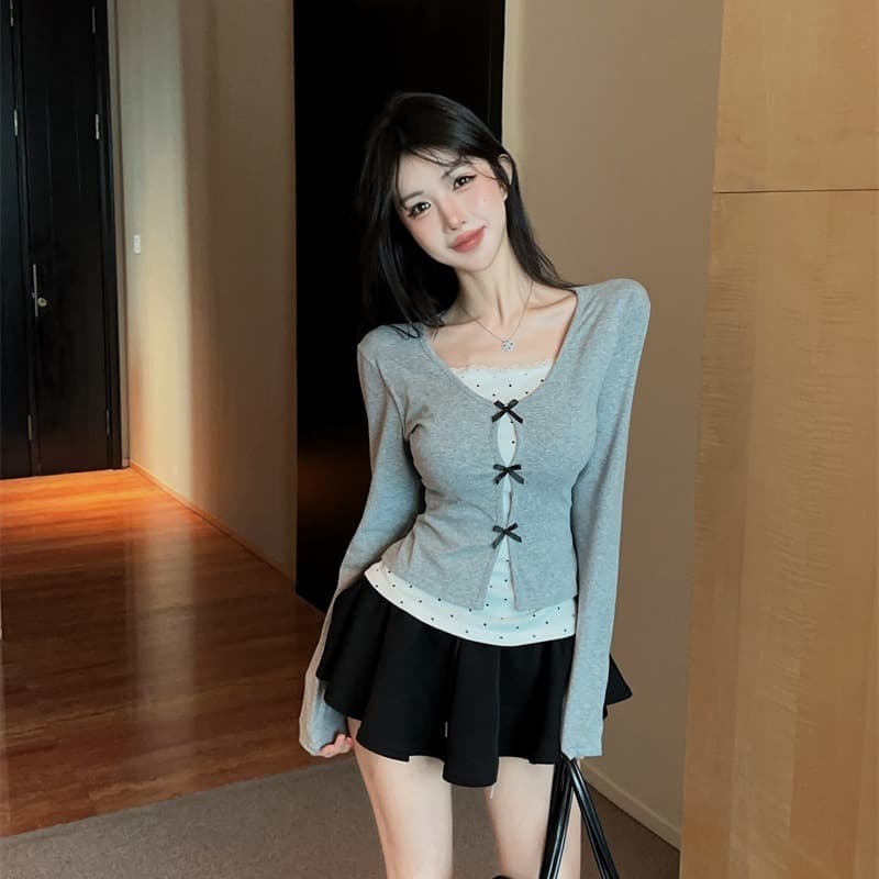 실사 2026 가을 의상 한 부서 디자인 나비 매듭 페이크 레이어드 패치워크 작은 셔츠 여성 긴팔 동정 여성 셔츠 이미지 5