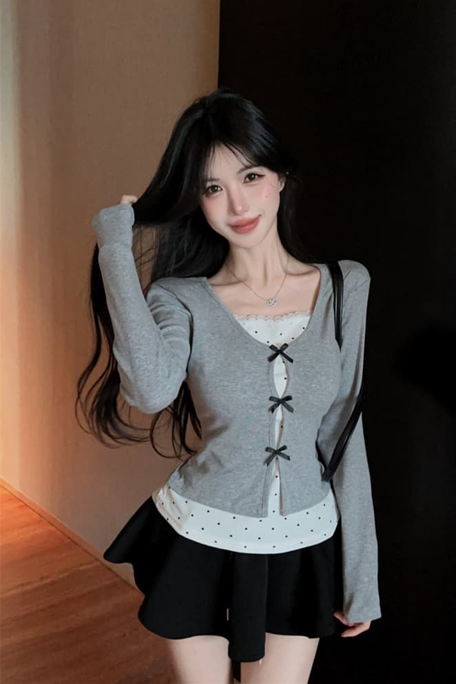 실사 2026 가을 의상 한 부서 디자인 나비 매듭 페이크 레이어드 패치워크 작은 셔츠 여성 긴팔 동정 여성 셔츠 이미지 6