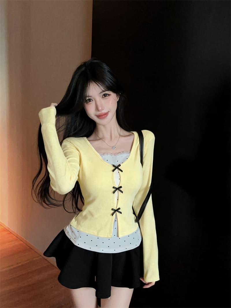 실사 2026 가을 의상 한 부서 디자인 나비 매듭 페이크 레이어드 패치워크 작은 셔츠 여성 긴팔 동정 여성 셔츠 상세 이미지 1