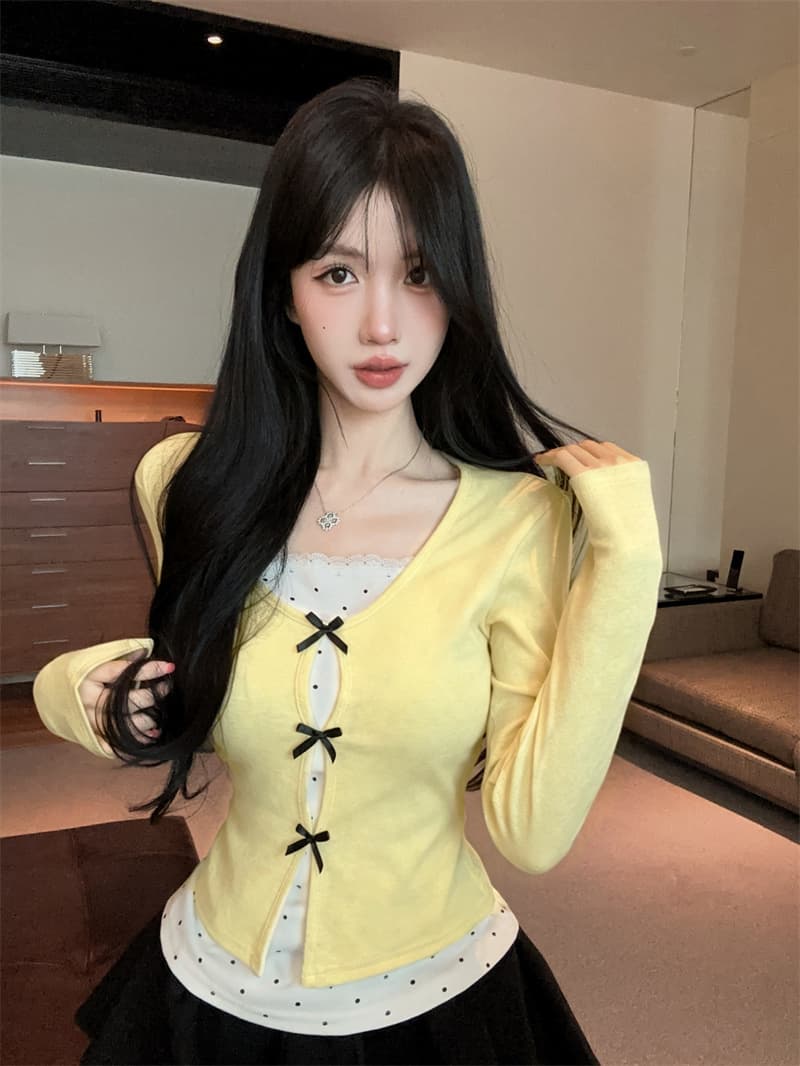 실사 2026 가을 의상 한 부서 디자인 나비 매듭 페이크 레이어드 패치워크 작은 셔츠 여성 긴팔 동정 여성 셔츠 상세 이미지 2