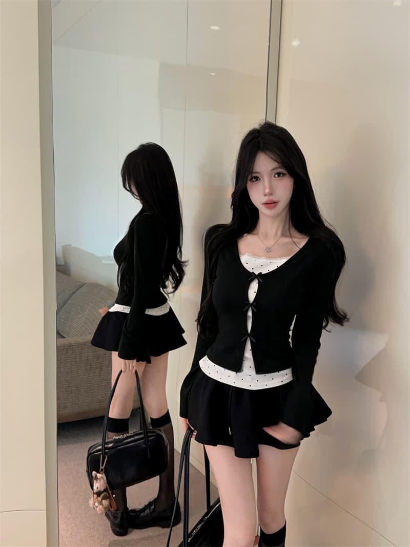 실사 2026 가을 의상 한 부서 디자인 나비 매듭 페이크 레이어드 패치워크 작은 셔츠 여성 긴팔 동정 여성 셔츠 상세 이미지 5