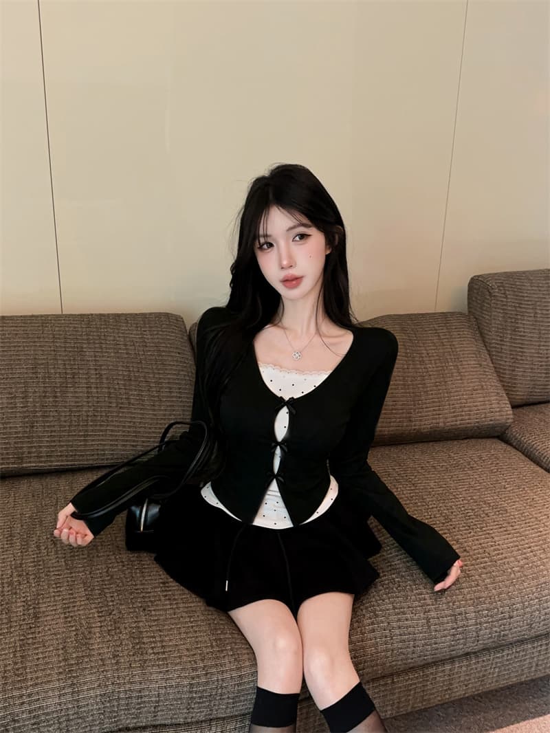 실사 2026 가을 의상 한 부서 디자인 나비 매듭 페이크 레이어드 패치워크 작은 셔츠 여성 긴팔 동정 여성 셔츠 상세 이미지 6