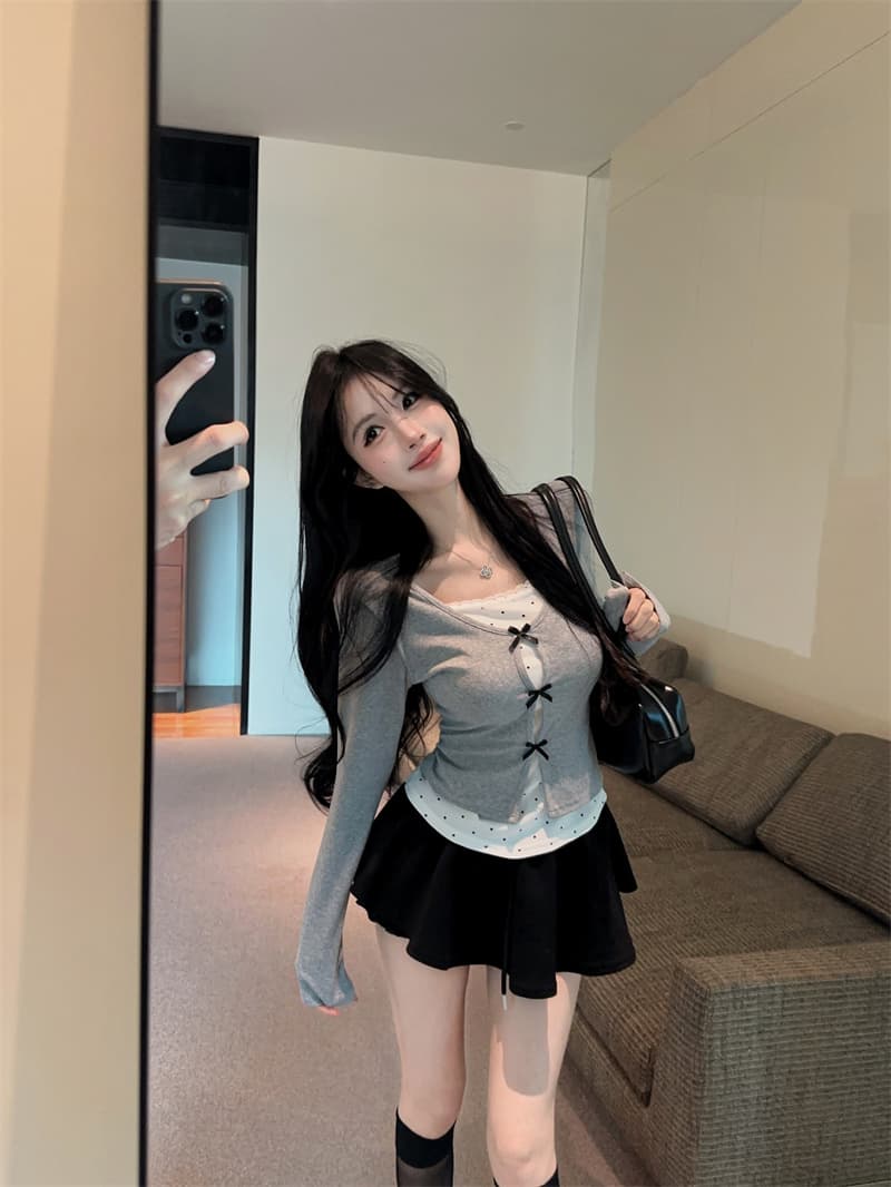 실사 2026 가을 의상 한 부서 디자인 나비 매듭 페이크 레이어드 패치워크 작은 셔츠 여성 긴팔 동정 여성 셔츠 상세 이미지 7