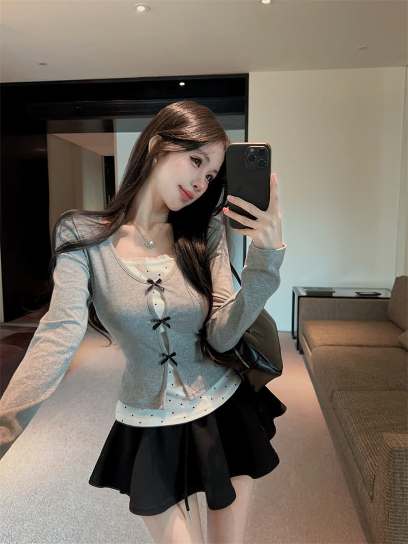 실사 2026 가을 의상 한 부서 디자인 나비 매듭 페이크 레이어드 패치워크 작은 셔츠 여성 긴팔 동정 여성 셔츠 상세 이미지 8