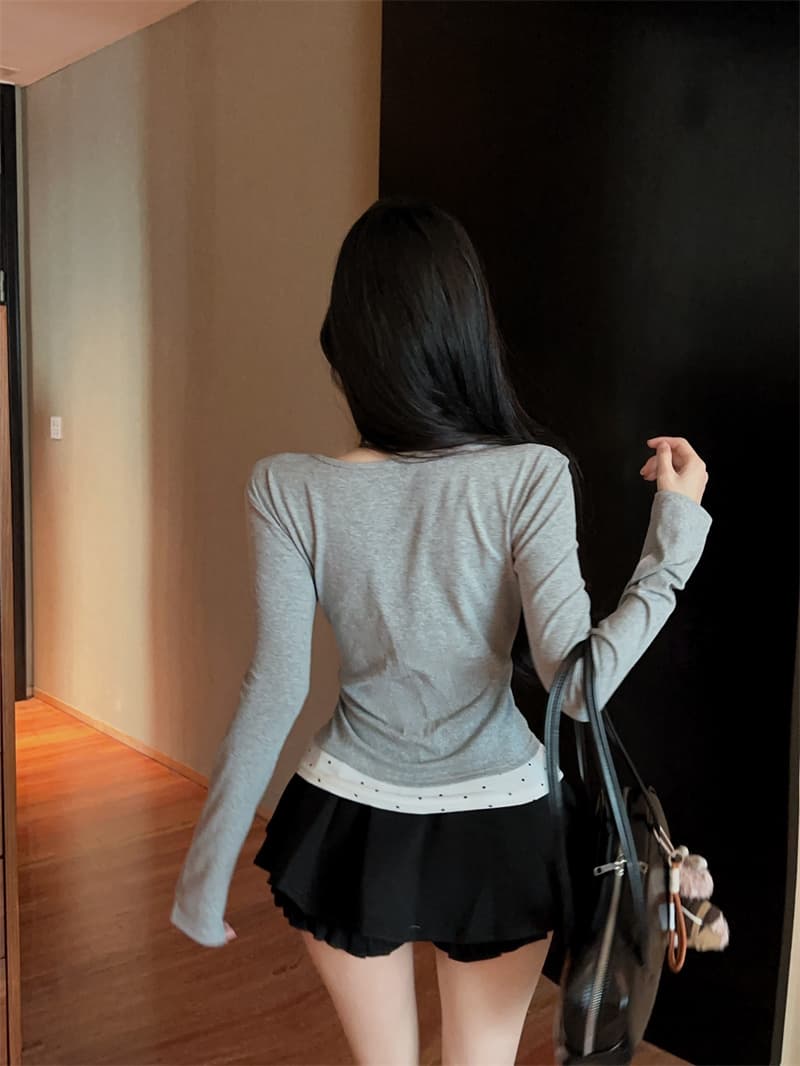 실사 2026 가을 의상 한 부서 디자인 나비 매듭 페이크 레이어드 패치워크 작은 셔츠 여성 긴팔 동정 여성 셔츠 상세 이미지 11