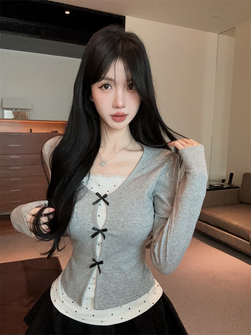 실사 2026 가을 의상 한 부서 디자인 나비 매듭 페이크 레이어드 패치워크 작은 셔츠 여성 긴팔 동정 여성 셔츠 상세 이미지 13