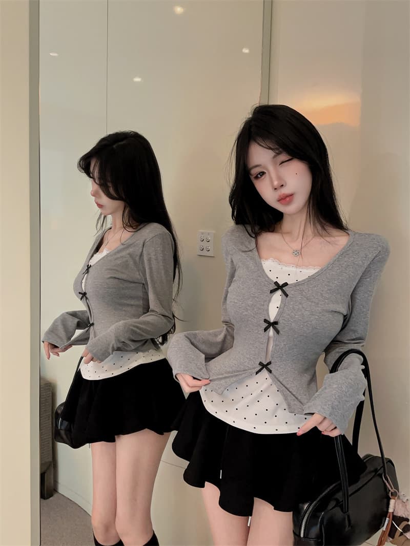 실사 2026 가을 의상 한 부서 디자인 나비 매듭 페이크 레이어드 패치워크 작은 셔츠 여성 긴팔 동정 여성 셔츠 상세 이미지 15