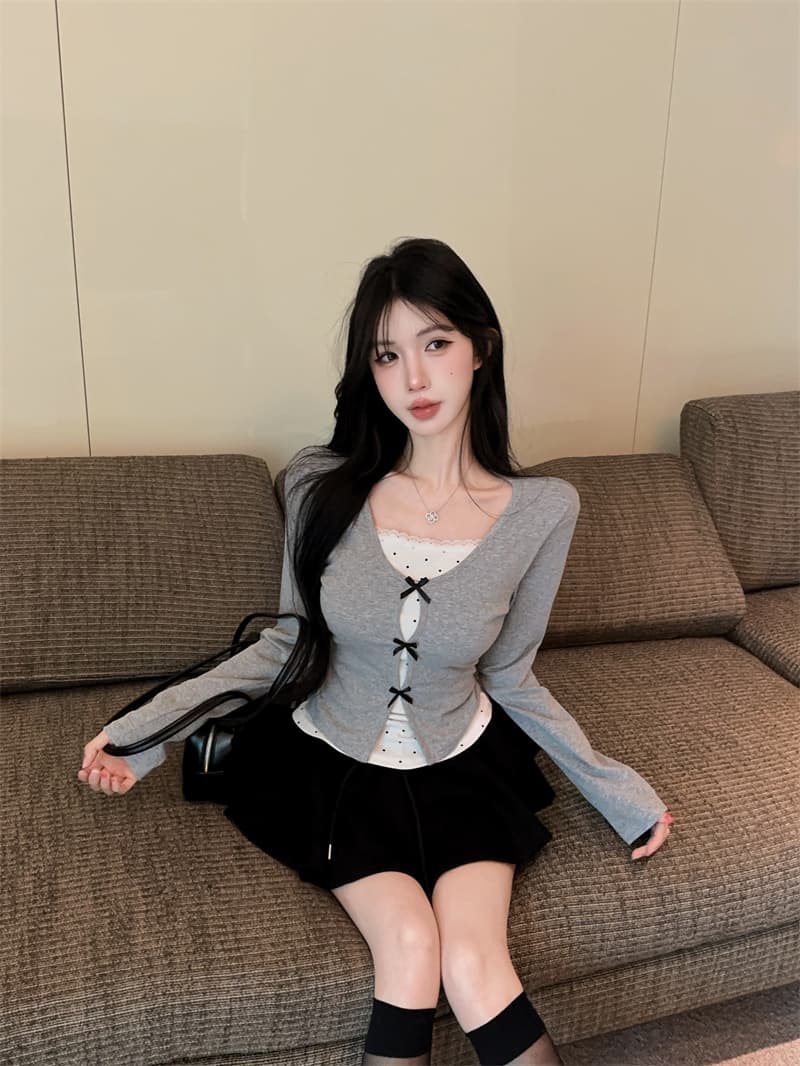 실사 2026 가을 의상 한 부서 디자인 나비 매듭 페이크 레이어드 패치워크 작은 셔츠 여성 긴팔 동정 여성 셔츠 상세 이미지 17