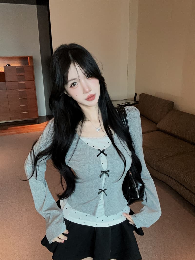 실사 2026 가을 의상 한 부서 디자인 나비 매듭 페이크 레이어드 패치워크 작은 셔츠 여성 긴팔 동정 여성 셔츠 상세 이미지 21