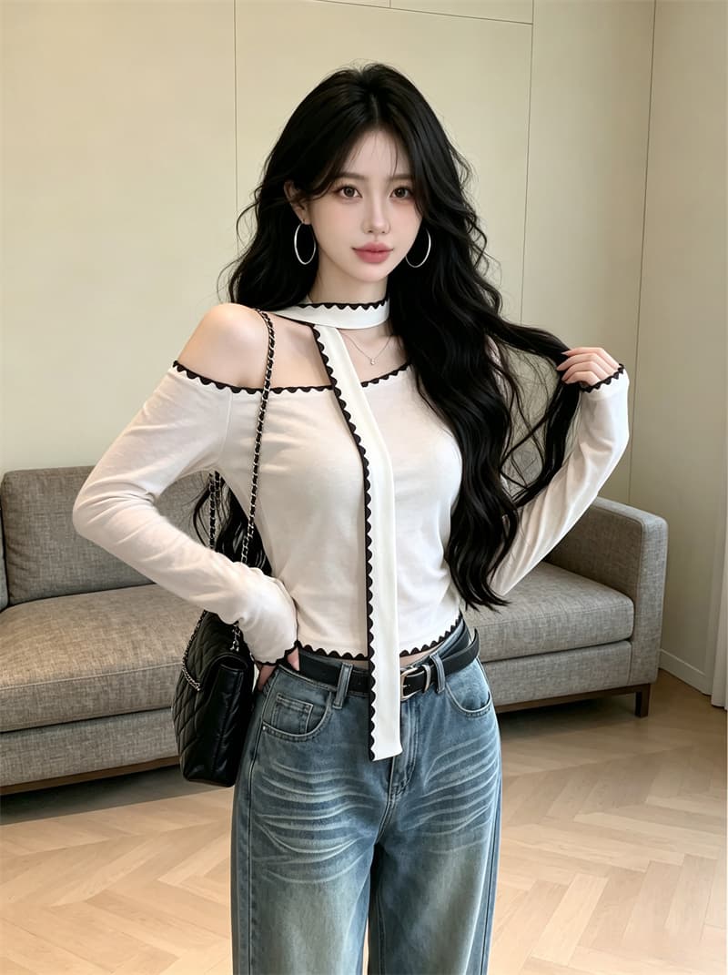 있음 보호 가을 순수한 욕망 배색 비스듬한 어깨 긴팔 티셔츠 여성 몸매 가꾸기 슬림해 보이는 품격 작은 셔츠 맨위 와이 로프 상세 이미지 3
