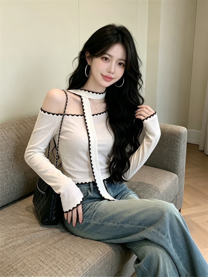 있음 보호 가을 순수한 욕망 배색 비스듬한 어깨 긴팔 티셔츠 여성 몸매 가꾸기 슬림해 보이는 품격 작은 셔츠 맨위 와이 로프 상세 이미지 4