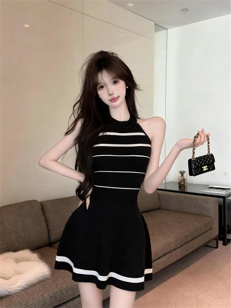 있음 보호 이른 가을 새로운 민소매 여성 드레스 여름 고급 센스 품격 홀로우 아웃 허리 수축 치마 니트 원피스 상세 이미지 15