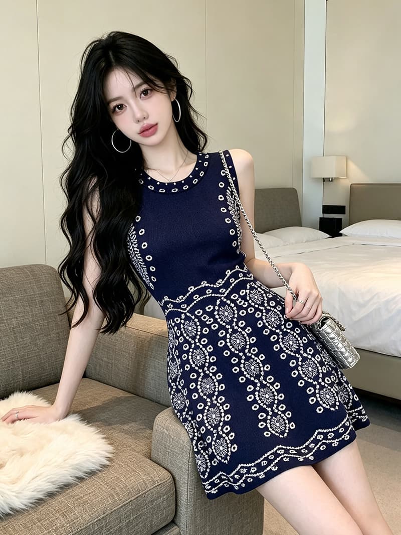있음 보호 이른 가을 패션 작은 샤넬 스타일 품격 천 골드 센스 파란색 민소매 니트 여성 드레스 트렌디 이미지 3
