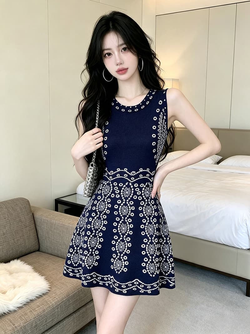 있음 보호 이른 가을 패션 작은 샤넬 스타일 품격 천 골드 센스 파란색 민소매 니트 여성 드레스 트렌디 이미지 2