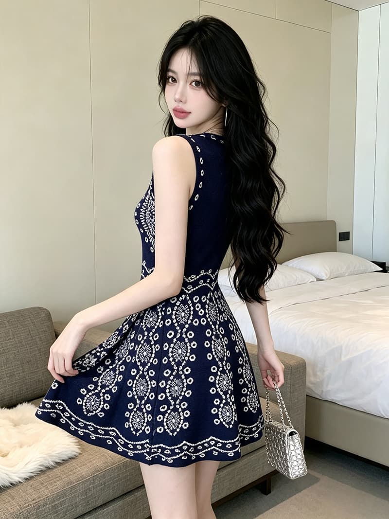 있음 보호 이른 가을 패션 작은 샤넬 스타일 품격 천 골드 센스 파란색 민소매 니트 여성 드레스 트렌디 이미지 4