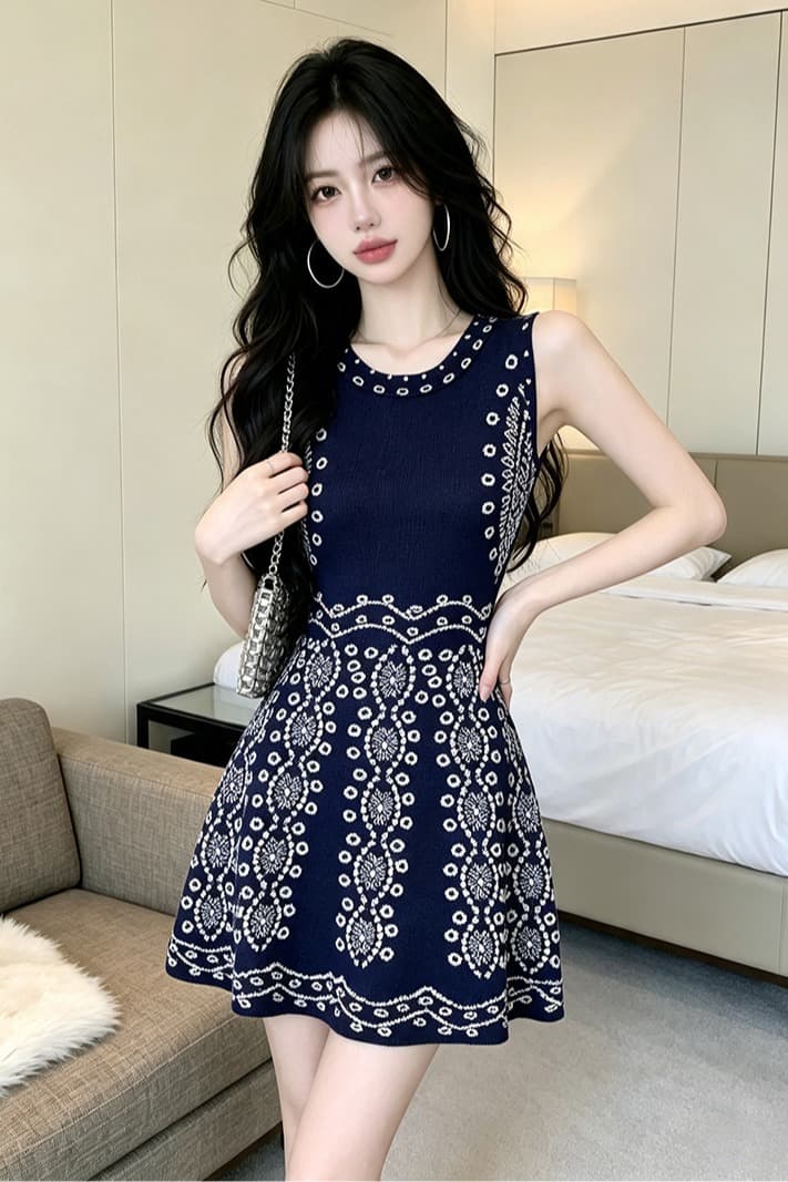 있음 보호 이른 가을 패션 작은 샤넬 스타일 품격 천 골드 센스 파란색 민소매 니트 여성 드레스 트렌디 이미지 6