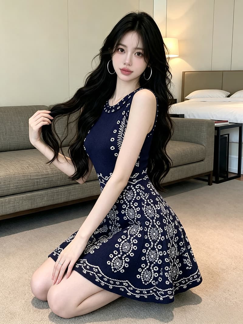 있음 보호 이른 가을 패션 작은 샤넬 스타일 품격 천 골드 센스 파란색 민소매 니트 여성 드레스 트렌디 상세 이미지 1