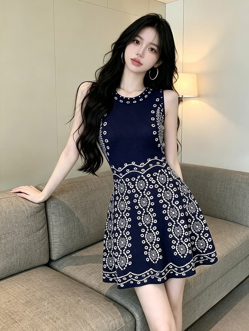 있음 보호 이른 가을 패션 작은 샤넬 스타일 품격 천 골드 센스 파란색 민소매 니트 여성 드레스 트렌디 상세 이미지 2