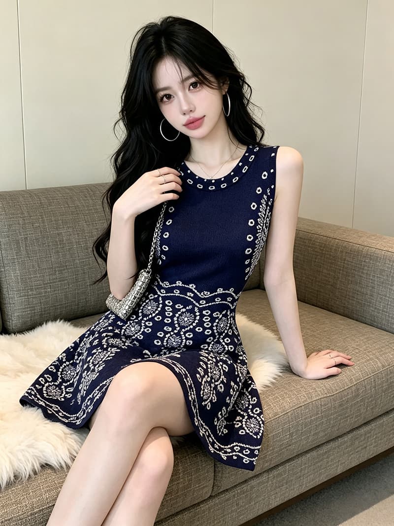 있음 보호 이른 가을 패션 작은 샤넬 스타일 품격 천 골드 센스 파란색 민소매 니트 여성 드레스 트렌디 상세 이미지 7