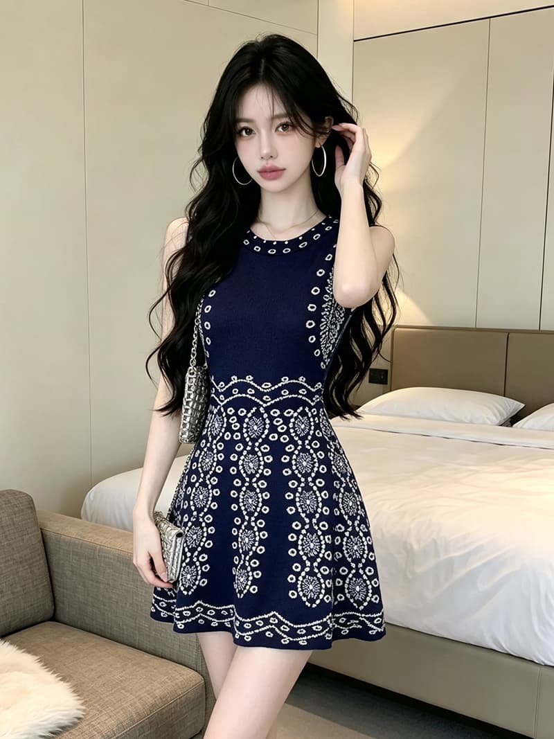 있음 보호 이른 가을 패션 작은 샤넬 스타일 품격 천 골드 센스 파란색 민소매 니트 여성 드레스 트렌디 상세 이미지 8