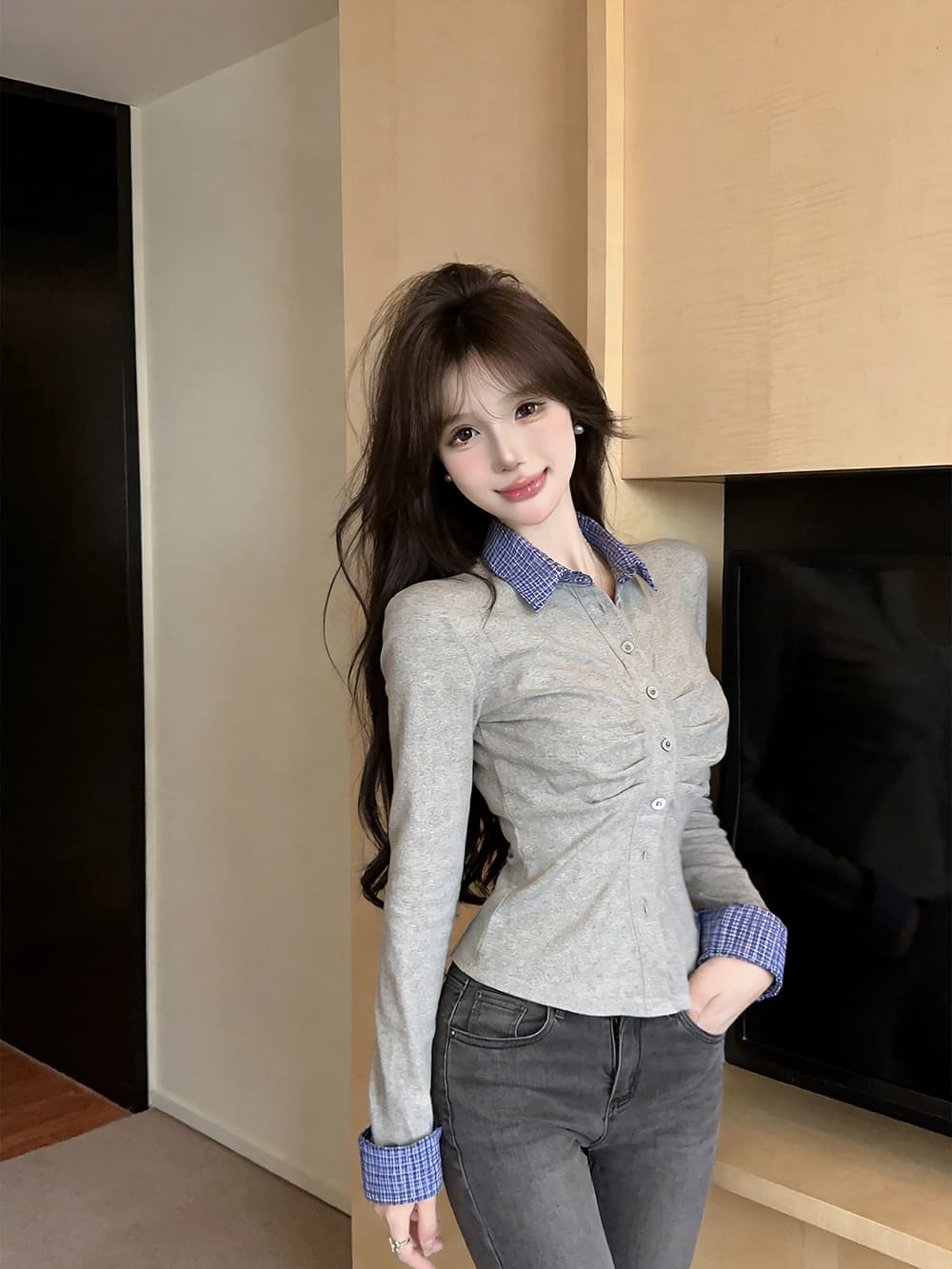 있음 보호 2026 가을 순수한 욕망 디자인 센스 몸매 가꾸기 오픈 가디건 슬림해 보이는 주름 패치워크 긴팔 셔츠 여성 셔츠 이미지 4