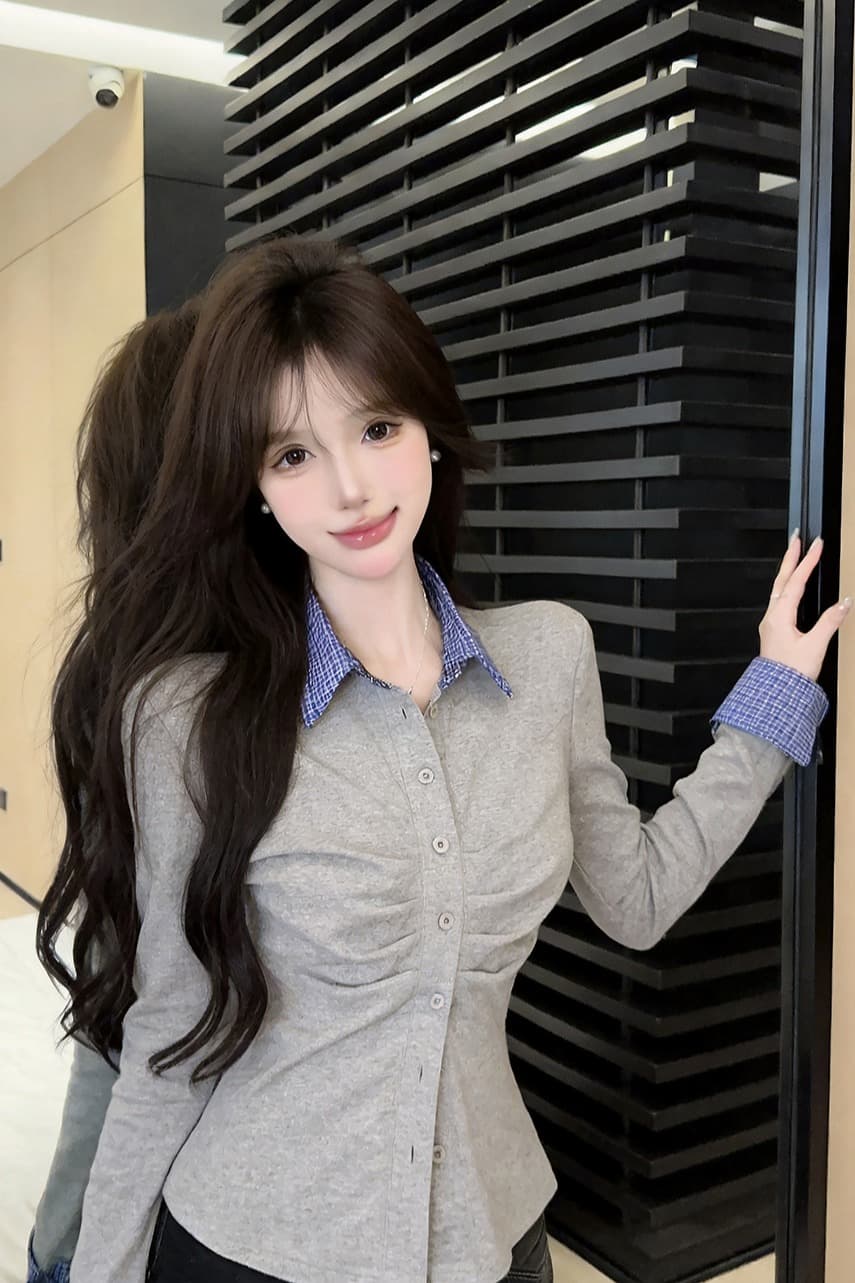 있음 보호 2026 가을 순수한 욕망 디자인 센스 몸매 가꾸기 오픈 가디건 슬림해 보이는 주름 패치워크 긴팔 셔츠 여성 셔츠 이미지 6