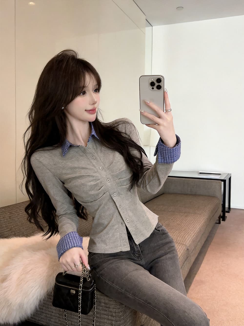 있음 보호 2026 가을 순수한 욕망 디자인 센스 몸매 가꾸기 오픈 가디건 슬림해 보이는 주름 패치워크 긴팔 셔츠 여성 셔츠 상세 이미지 1