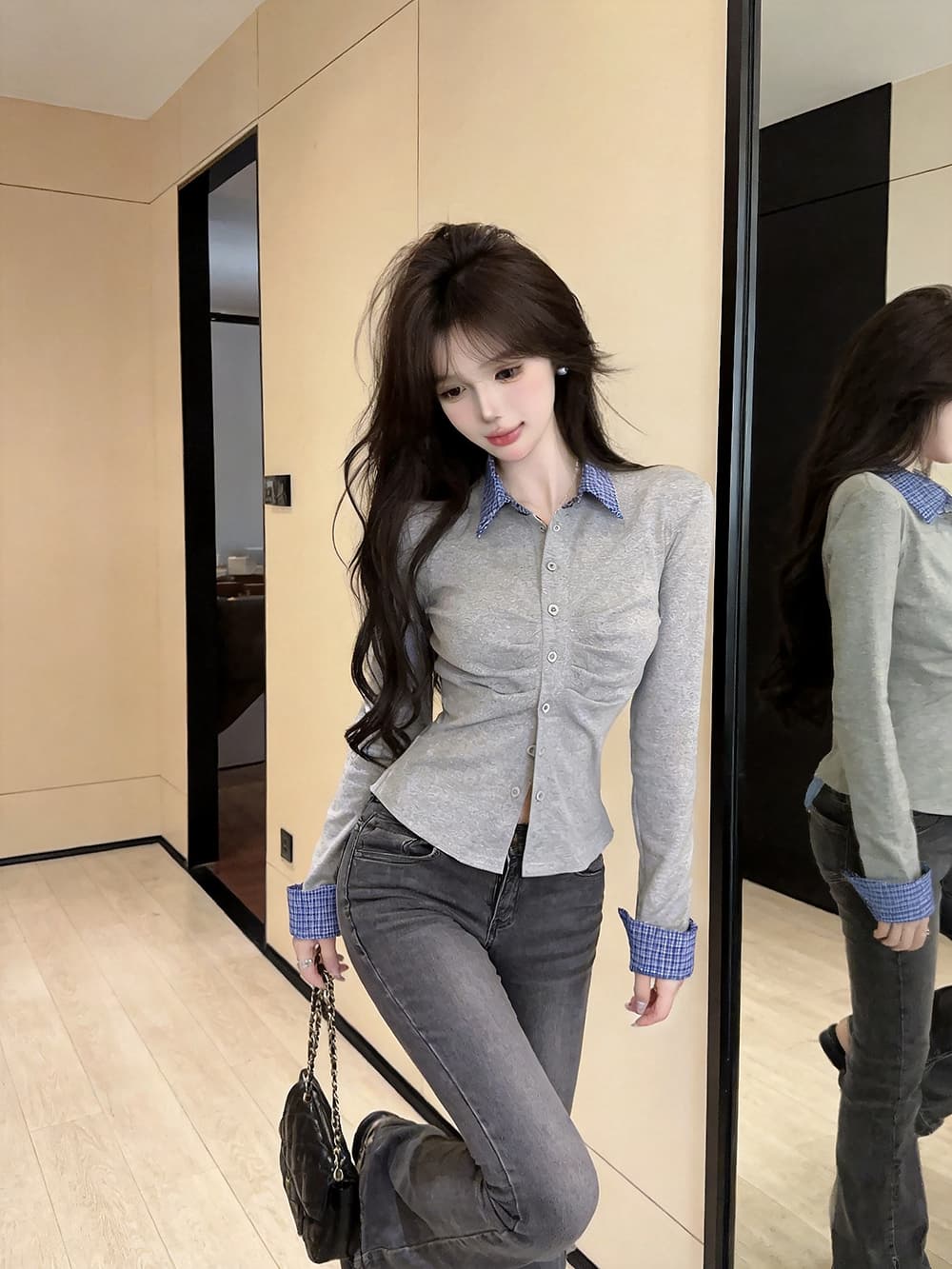 있음 보호 2026 가을 순수한 욕망 디자인 센스 몸매 가꾸기 오픈 가디건 슬림해 보이는 주름 패치워크 긴팔 셔츠 여성 셔츠 상세 이미지 3