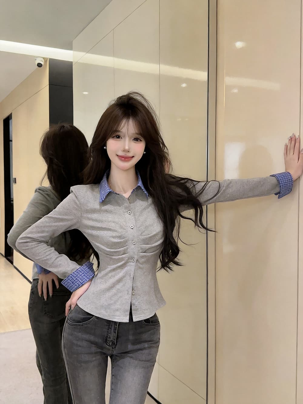 있음 보호 2026 가을 순수한 욕망 디자인 센스 몸매 가꾸기 오픈 가디건 슬림해 보이는 주름 패치워크 긴팔 셔츠 여성 셔츠 상세 이미지 4