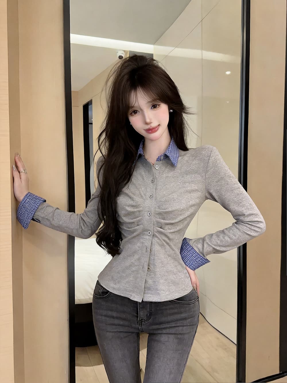 있음 보호 2026 가을 순수한 욕망 디자인 센스 몸매 가꾸기 오픈 가디건 슬림해 보이는 주름 패치워크 긴팔 셔츠 여성 셔츠 상세 이미지 7