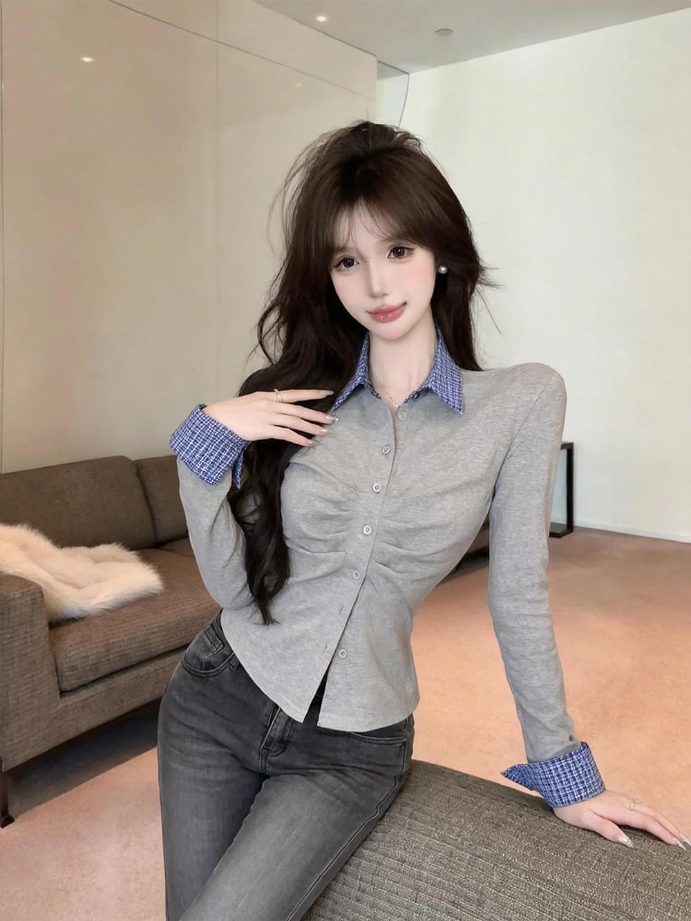 있음 보호 2026 가을 순수한 욕망 디자인 센스 몸매 가꾸기 오픈 가디건 슬림해 보이는 주름 패치워크 긴팔 셔츠 여성 셔츠 상세 이미지 8