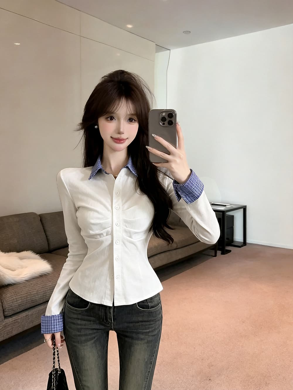 있음 보호 2026 가을 순수한 욕망 디자인 센스 몸매 가꾸기 오픈 가디건 슬림해 보이는 주름 패치워크 긴팔 셔츠 여성 셔츠 상세 이미지 15