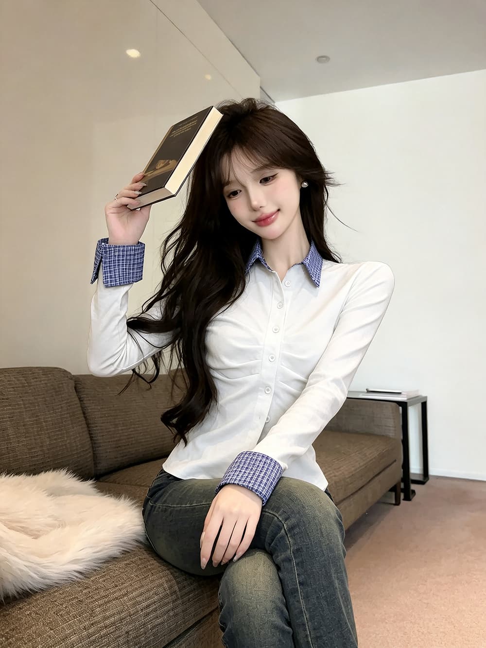 있음 보호 2026 가을 순수한 욕망 디자인 센스 몸매 가꾸기 오픈 가디건 슬림해 보이는 주름 패치워크 긴팔 셔츠 여성 셔츠 상세 이미지 16