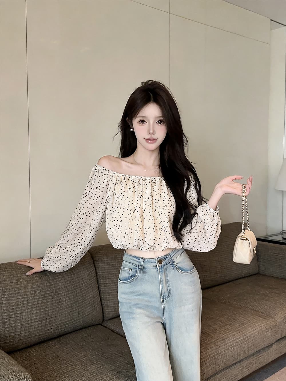 있음 보호 이른 가을 새로운 프랑스식 섹시함 품격 오프숄더 긴팔 맨위 여성 쇼트 스타일 쉬폰 작은 셔츠 이미지 2