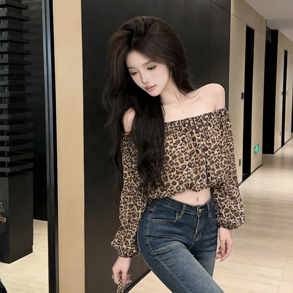 있음 보호 이른 가을 새로운 프랑스식 섹시함 품격 오프숄더 긴팔 맨위 여성 쇼트 스타일 쉬폰 작은 셔츠 이미지 5